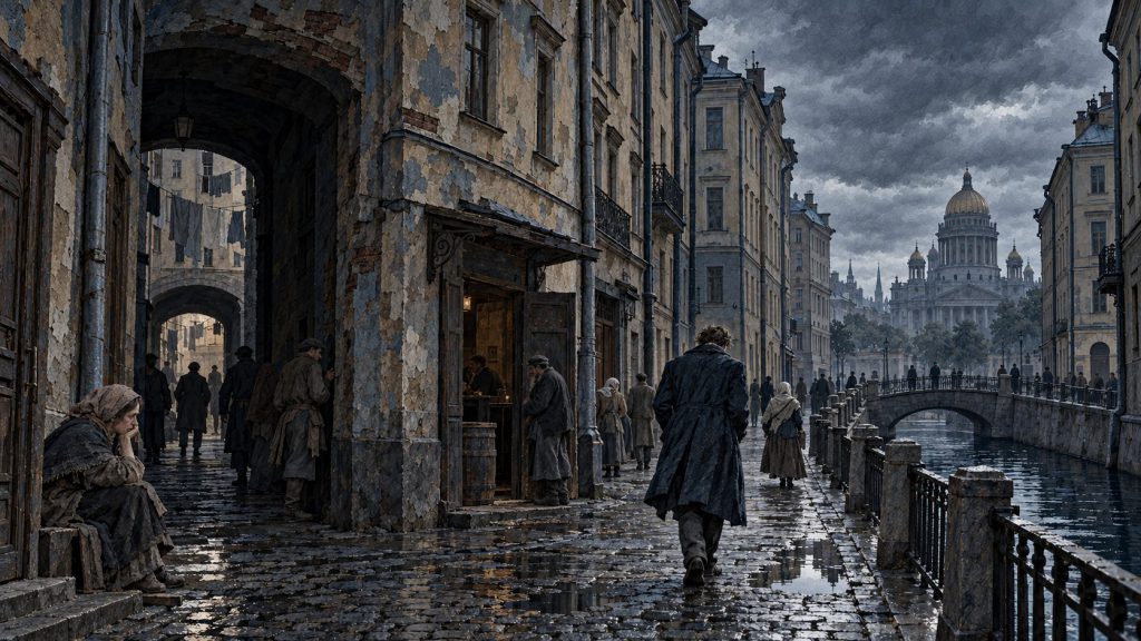 Ponura ulica dziewiętnastowiecznego Petersburga z ubogimi mieszkańcami, ciasnymi kamienicami i kanałem.