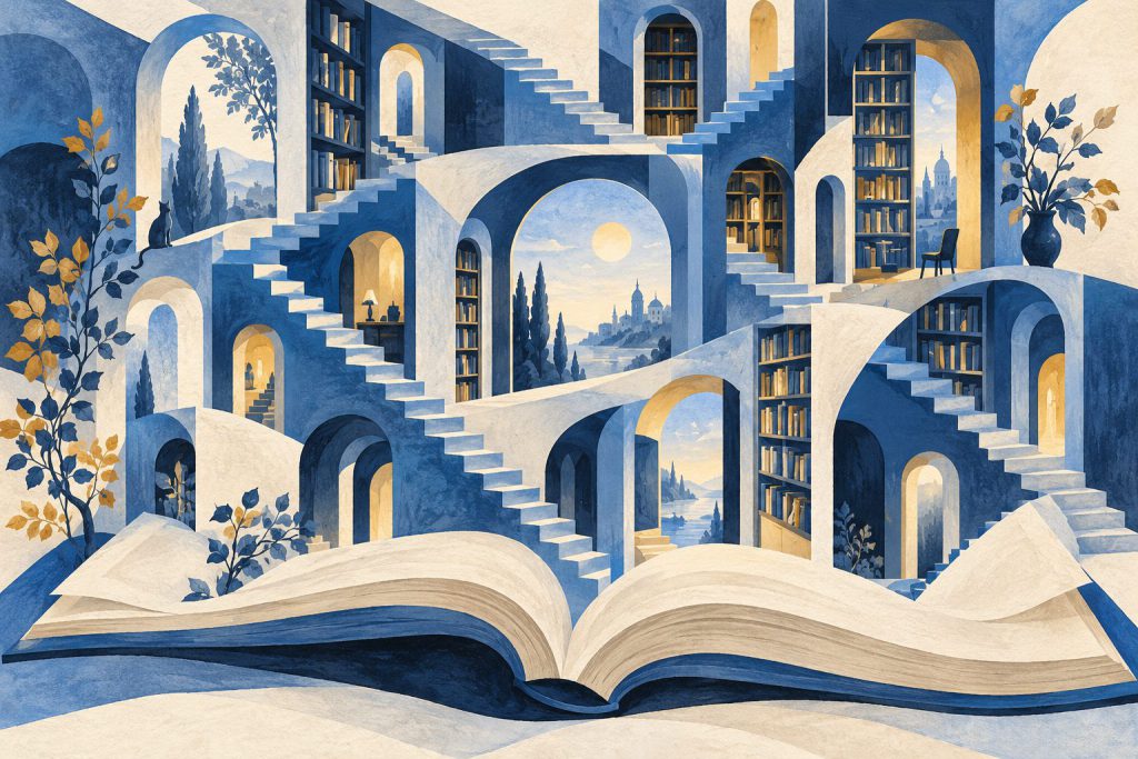 Książka przechodzi w labirynt schodów, drzwi i bibliotecznych półek.